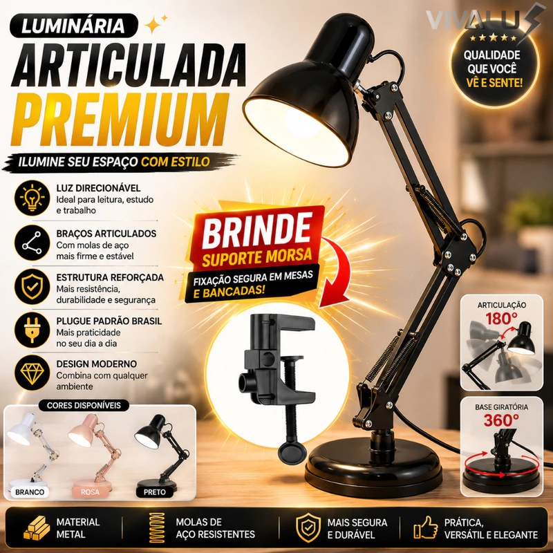Luminária de Mesa Articulada para Leitura e Estudo