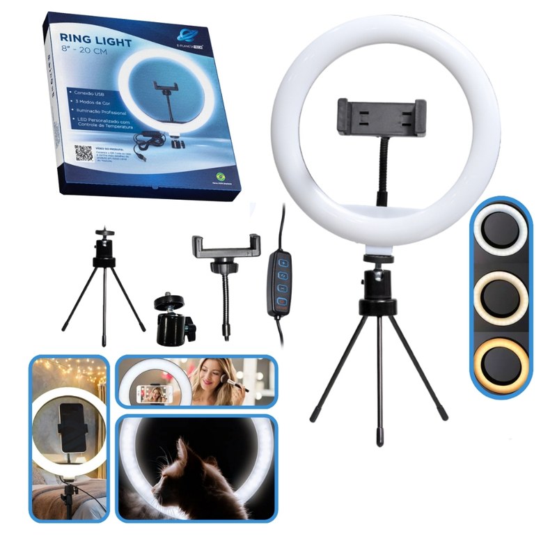 Iluminador Ring Light LED com Tripé e Suporte de Celular
