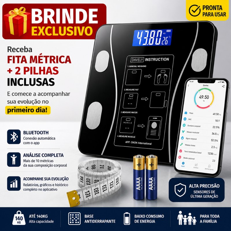 Balança Digital Corporal de Vidro Temperado com Visor LED