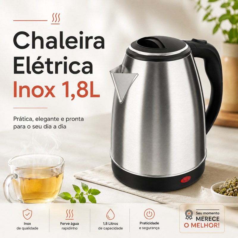 Chaleira Elétrica em Aço Inox 1,8 L com Desligamento Automático