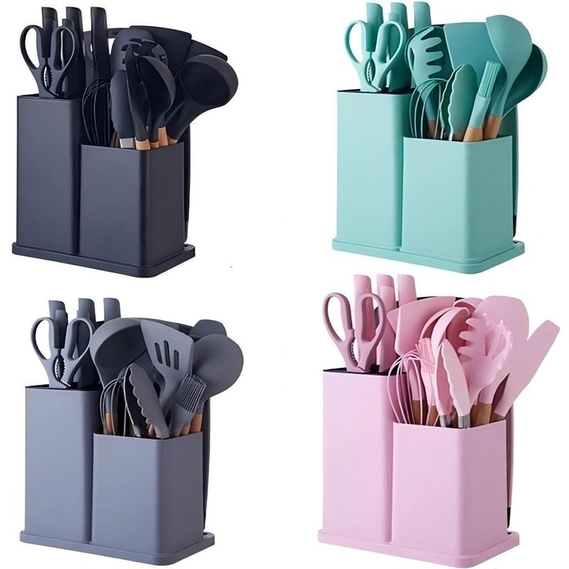 Jogo de Utensílios de Cozinha em Silicone com Cabo Resistente