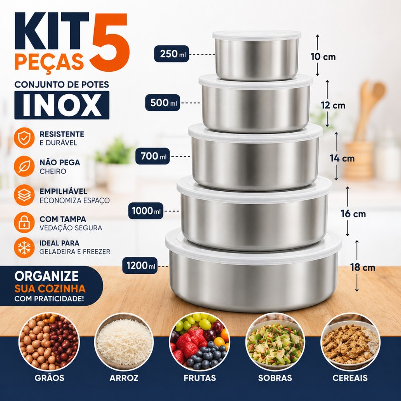 Conjunto de Tigelas Bowls em Aço Inox para Preparo e Servir