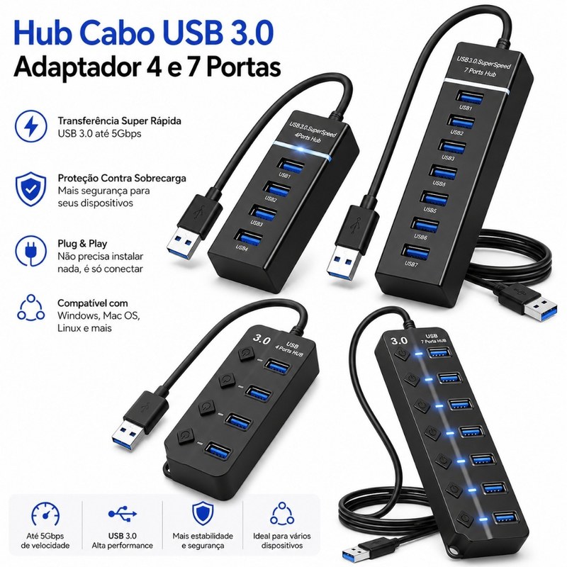 Hub Adaptador Expansor com 4 Portas USB para Notebook e PC