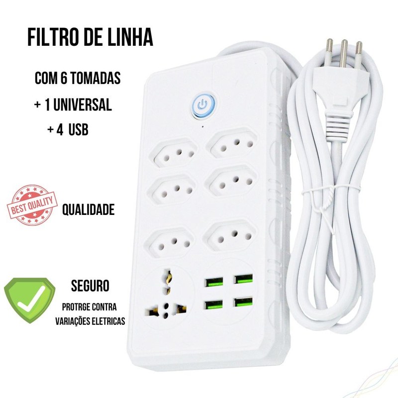 Filtro de Linha Extensão Elétrica com 7 Tomadas e 4 Portas USB Bivolt