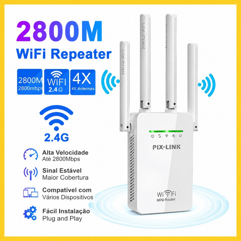Repetidor e Amplificador de Sinal Wi-Fi Longo Alcance 4 Antenas com Porta Rede RJ45