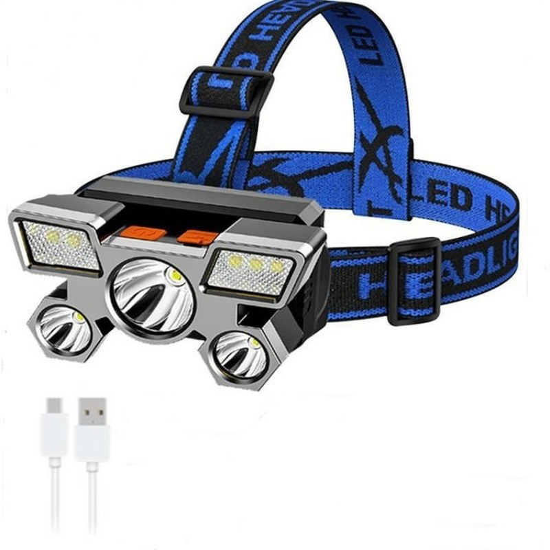 Lanterna de Cabeça 5 LEDs Recarregável USB Impermeável para Trilha e Camping