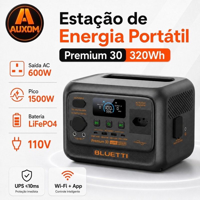 Estação de Energia Portátil BLUETTI Premium 30 V2 600W 320Wh LiFePO4 110V com UPS